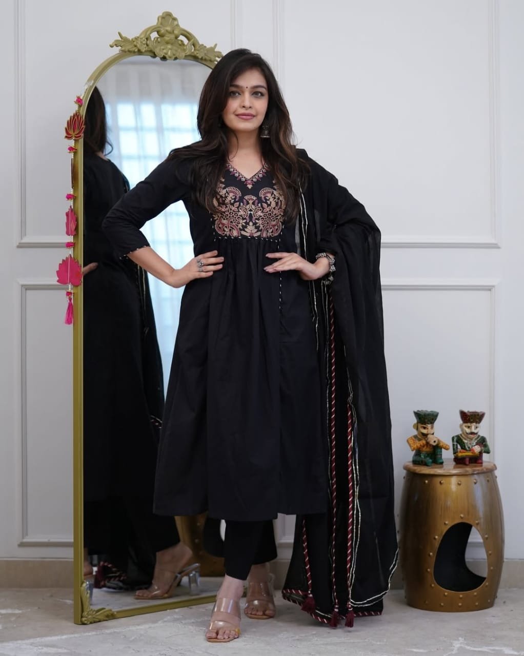 Black Natra Cut Embroidered Kurta Set